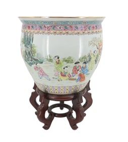 Chinese Painted Ceramic Fish Bowl with Wooden Base