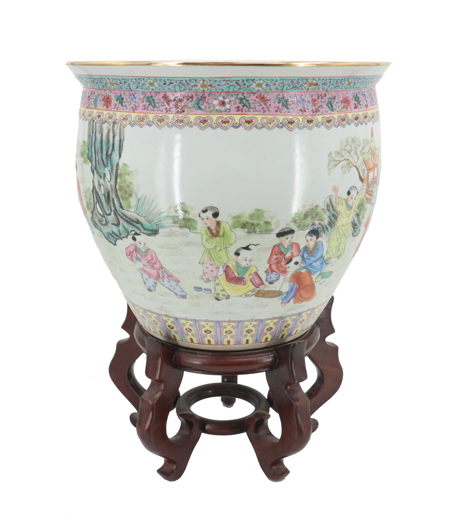 Chinese Painted Ceramic Fish Bowl with Wooden Base (1 of 18)