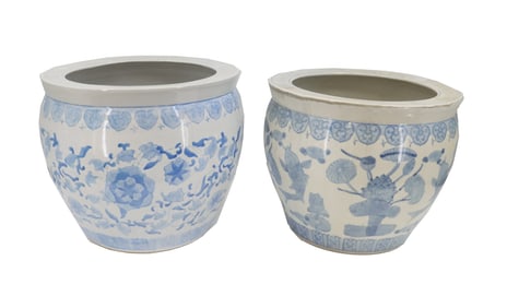 (2) Vintage Chinese Blue and White Ceramic Jardinieres