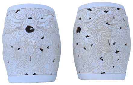 Pair of Chinoiserie Ornate Off White Ceramic Garden Seats