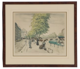 Tavík Frantisek Simon (1877–1942) Czech, Aquatint Etching "Bouquinists Sur le Quai"