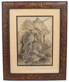 French Pencil Drawing of a Windmill, Signed Geofray
