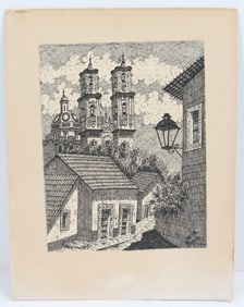 Alba (20th Century) Mexican, Ink on Paper Landscape Illustration of Taxco