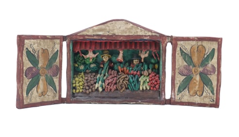 Signed Nicario Jimenez (1957)Peruvian Retablos Market Scene