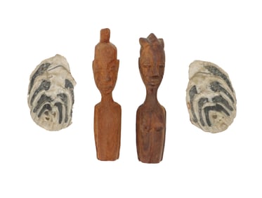 (2) Vintage Carved Wood Figures and Stone Egg