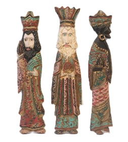 (3) Vintage 1930s Mexican Folk Art Hand Painted Wooden Wall-Hanging Magi Figures