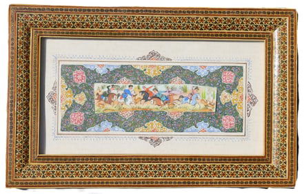 Persian Hand Painted Equestrian Hunt Scene on Bone