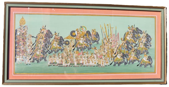 Indian Royal Procession Gouache on Silk Painting