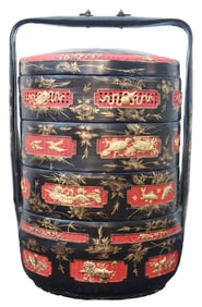Tiered Bakul Siah Peranakan Chinese Wedding Basket with Gilded Accents