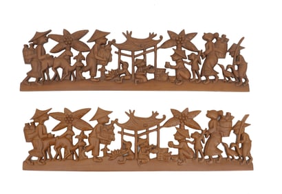 (2) Indonesian Carved Wood Panels of Village Life