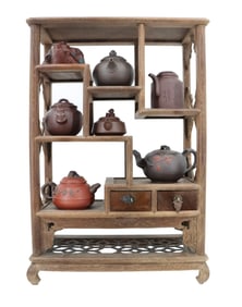 Chinese Wooden Tea Display Shelf and (8) Tea Kettles