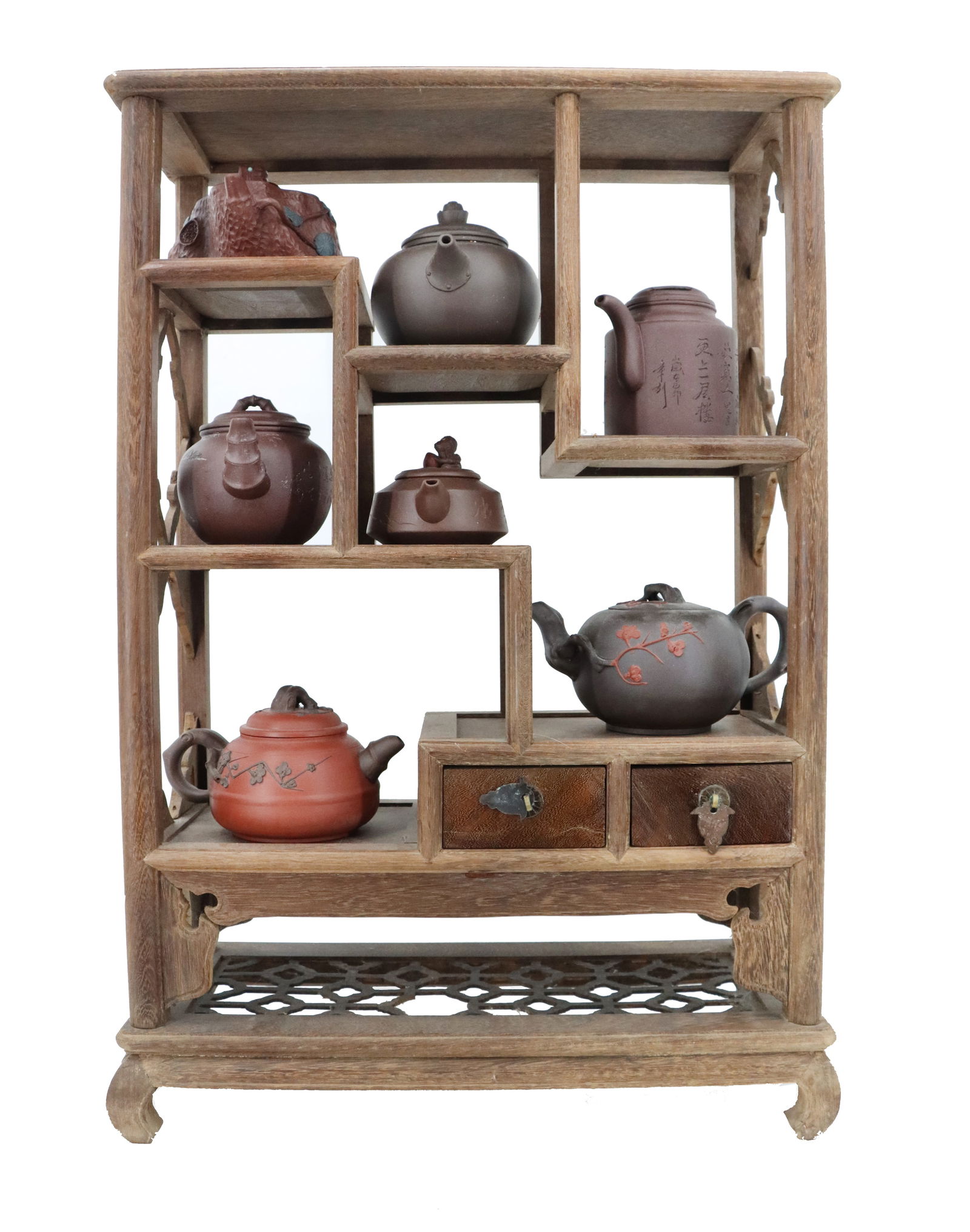 Chinese Wooden Tea Display Shelf and (8) Tea Kettles: Chinese Wooden Tea Display Shelf and (8) Tea Kettles. Chinese stepped display cabinet for tea kettles and cups, with pull-out drawers for additional accoutrements. Lot includes display stand and earth