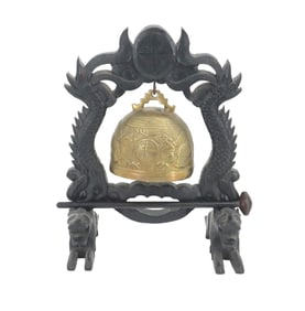 Vintage Chinese Brass Temple Bell with Carved Wooden Stand