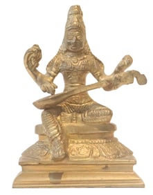 Indian Brass Saraswati Idol / Religious Sculpture With Veena