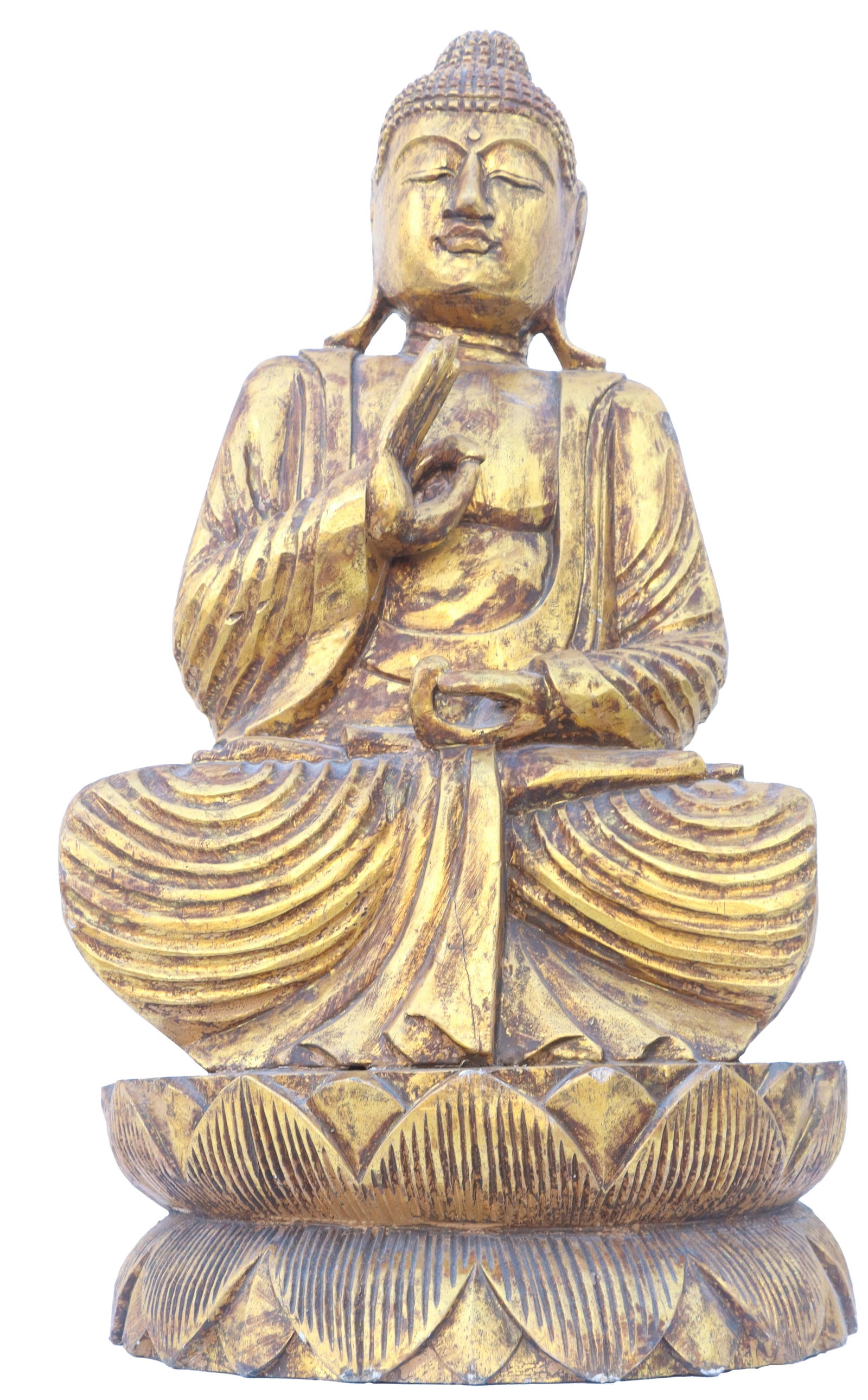 Chinese Carved Gilt Wood Abhaya Mudra Seated Buddha on Lotus Flower (1 of 15)