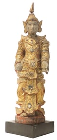 Burmese Parcel Gilt Carved Wood Jeweled Temple Guardian