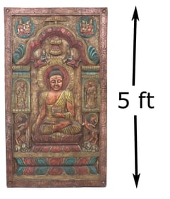 Vintage Large Polychrome Painted Carved Wood Buddhist Wall Plaque