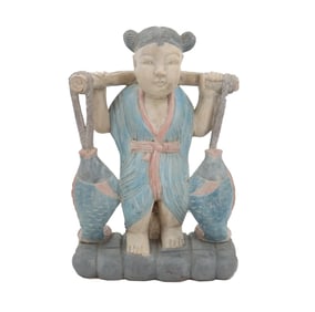 Chinese Hand Carved and Painted Wooden Figure of Girl With Fish