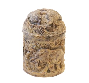 Carved Soapstone Lidded Vessel With Elephants