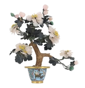 Chinese Cloisonne/Hardstone Bonsai Flowers