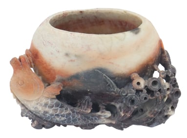 Chinese Hand Carved Soapstone Bowl With Fish
