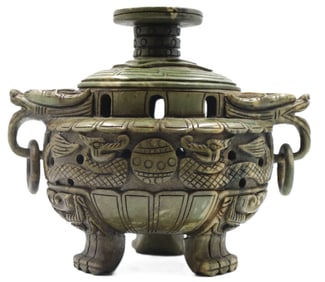 Chinese Qing Dynasty Carved Soapstone Dragon Censer