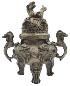Chinese Bronze Censer with Dragons and Foo Dog