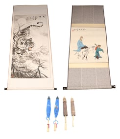 (2) Chinese Ink on Silk Scrolls and (4) Bamboo Umbrellas