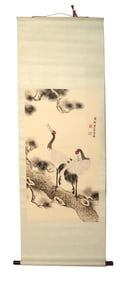 Chinese Ink and Watercolor on Silk Hanging Wall Scroll of Cranes