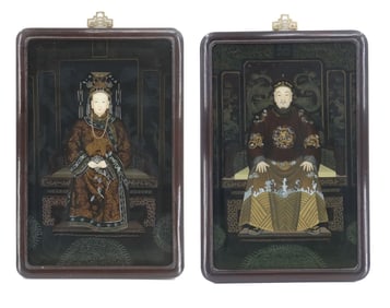 Framed Chinese Qianlong Emperor and Empress Reverse Glass Pair of Portrait Paintings