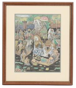 Balinese Ink on Paper Festival Scene, Petong Lebar Neh Temple