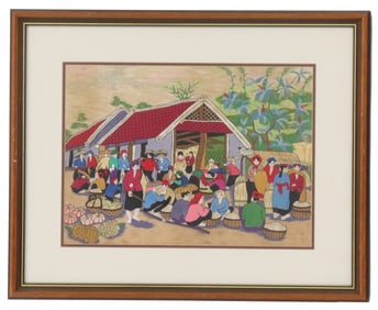 Vietnamese Handmade Needlepoint Wall Embroidery of a Village