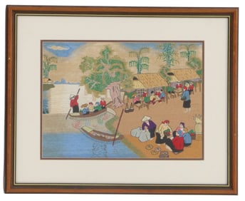 20th Century Vietnamese Needlepoint Folk Art Tapestry of a Village Scene