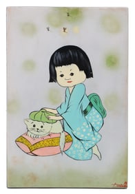 Asa (20th Century) Chinese, Silk Painting of a Girl and Cat