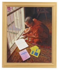 20th Century Oil on Canvas Figural Scene of a Buddhist Monk