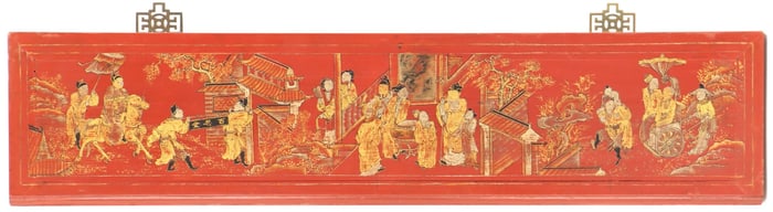 Antique Chinese Red Lacquer Carved Wood Panel with Gilt Figures