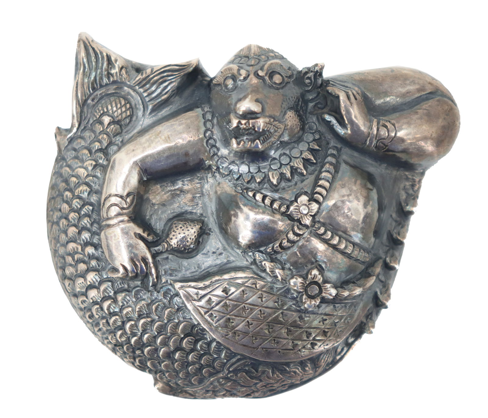 Cambodian Lord Hanuman Tested as 900 Silver Decorated Lidded Box: Tested as 900 Silver Decorated Mermaid Lidded Box. Likely Cambodian based upon similar looking items. Hindu Deity Hanuman (Monkey Deity). Size: 3 1/4 x 3 x 9 in.
