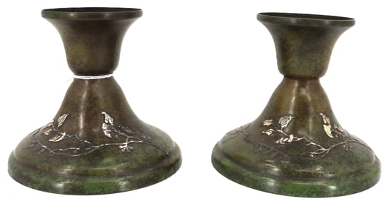 Pair of Heintz Art Sterling Silver Over Bronze Candlesticks