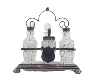 Cut Crystal and Electroplate Nickel Silver Six Piece Cruet Set
