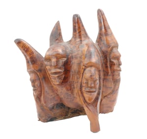 Vintage African Carved Wood Statue with Faces