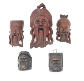 (5) Asian Carved Wood Masks