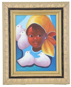 Haitian Folk Art Oil on Canvas Portrait of a Young Girl