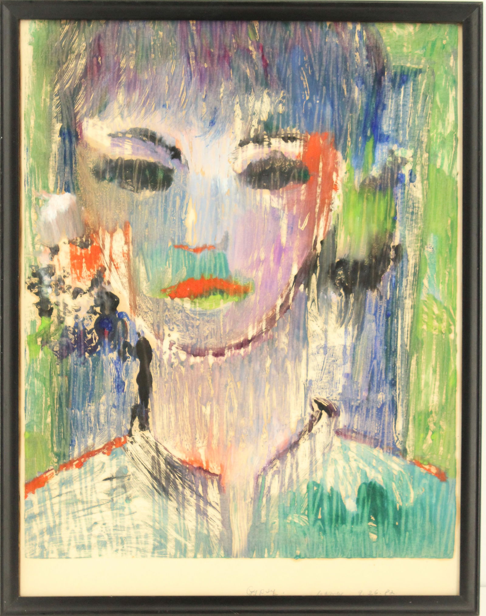 20th Century Pastel on Paper Impressionist Portrait, "Gypsy": 20th Century Pastel on Paper Impressionist Portrait, "Gypsy". Pastel on paper impressionist portrait of a young woman with bright red lips and dark eyes staring at the viewer. Titled "Gypsy" along bot