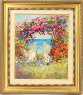 Marko Mavrovich (Born 1960) American/Croatian, Giclee Landscape: Marko Mavrovich (Born 1960) American/Croatian, Giclee Landscape.&nbsp;Signed lower right. Numbered 190/240 on verso.&nbsp; Giclee print in soft but vibrant colors depicting an arch of pink flowers ove