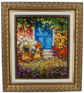 Marko Mavrovich (Born 1960) American/Croatian, Giclee: Marko Mavrovich (Born 1960) American/Croatian, Giclee. Titled: "The Blue Door". Signed lower right. Numbered 148/240 verso. Giclee print of Marko Mavrovich's architectural floral painting, The Blue Do