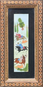Persian Watercolor on Paper Miniature Painting of a Polo Scene
