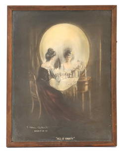 C. Allan Gilbert (1873-1929) American, Framed "All is Vanity" Poster: C. Allan Gilbert (1873-1929) American, Framed &quot;All is Vanity&quot; Poster. One of the most famous and frequently published memento mori images in history, showing a woman at her vanity that appea
