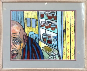 Pastel of Elderly Man in Bathroom