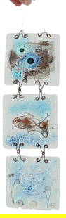 Metal Connected Hanging Fused Art Glass Panels: Metal Connected Hanging Fused Art Glass Panels. Abstract patterns in each of the three panels, with the most prominent being a fish in the center one.&nbsp; Condition: Good.&nbsp; Size Not Including W