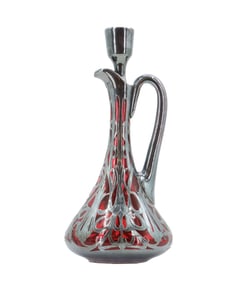 Hand Blown Art Nouveau Silver Overlay Cranberry Glass Decanter - AS IS